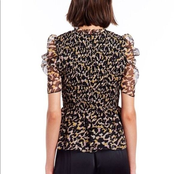 Amanda Uprichard Top Size Small Adrina Smocked Blouse Black Animal Print - Picture 3 of 10